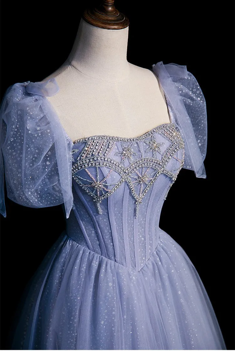 Handmade Princesscore Puff Sleeves Studded Blue Ball Gown