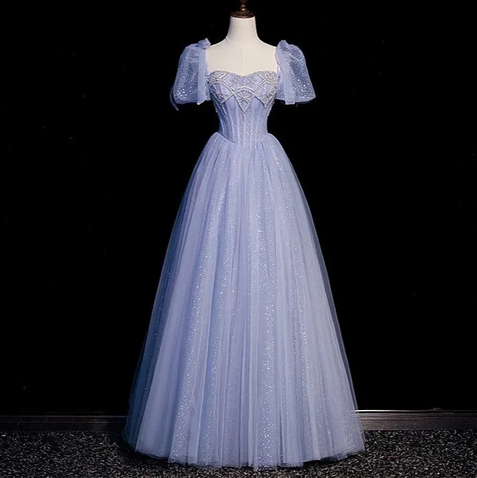 Handmade Princesscore Puff Sleeves Studded Blue Ball Gown