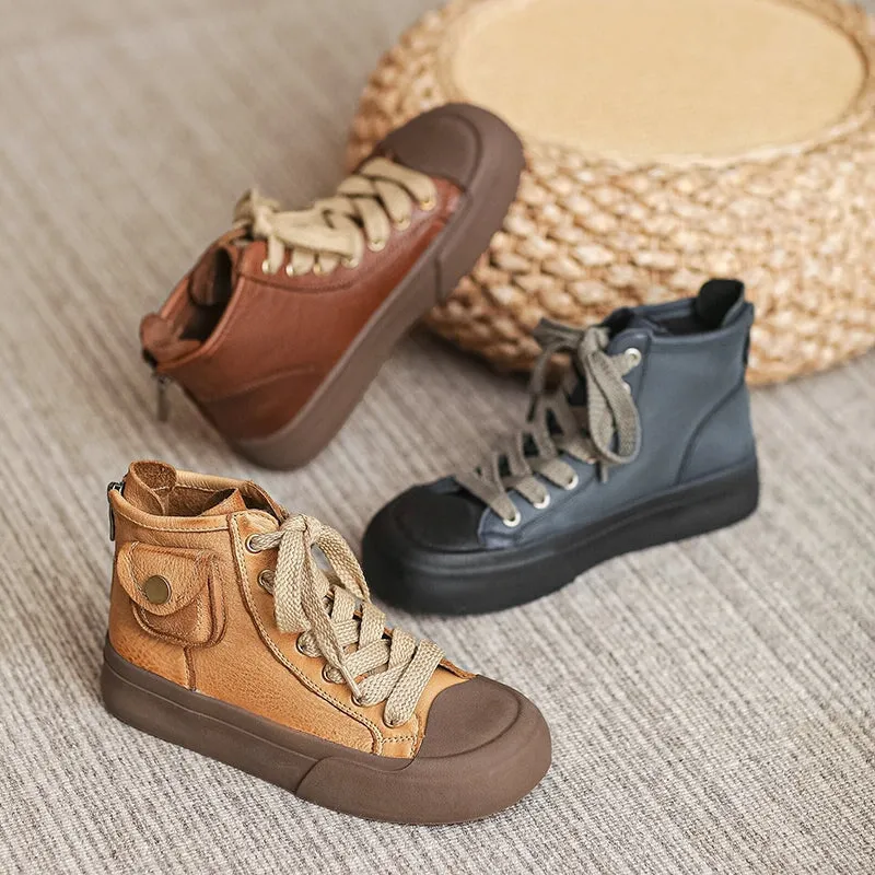 High-top Lace Up Flat Leather Sneakers for Women Rubber Cap in Yellow/Blue/Coffee