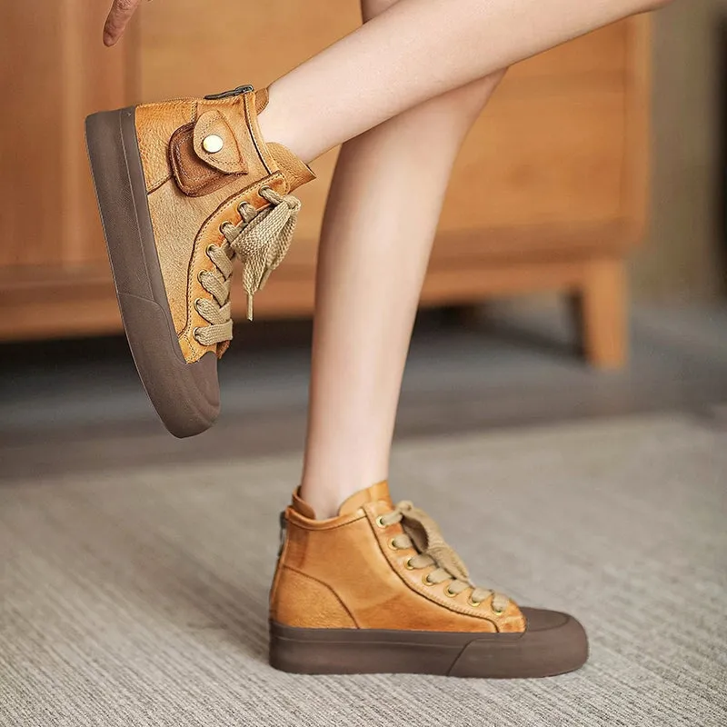 High-top Lace Up Flat Leather Sneakers for Women Rubber Cap in Yellow/Blue/Coffee