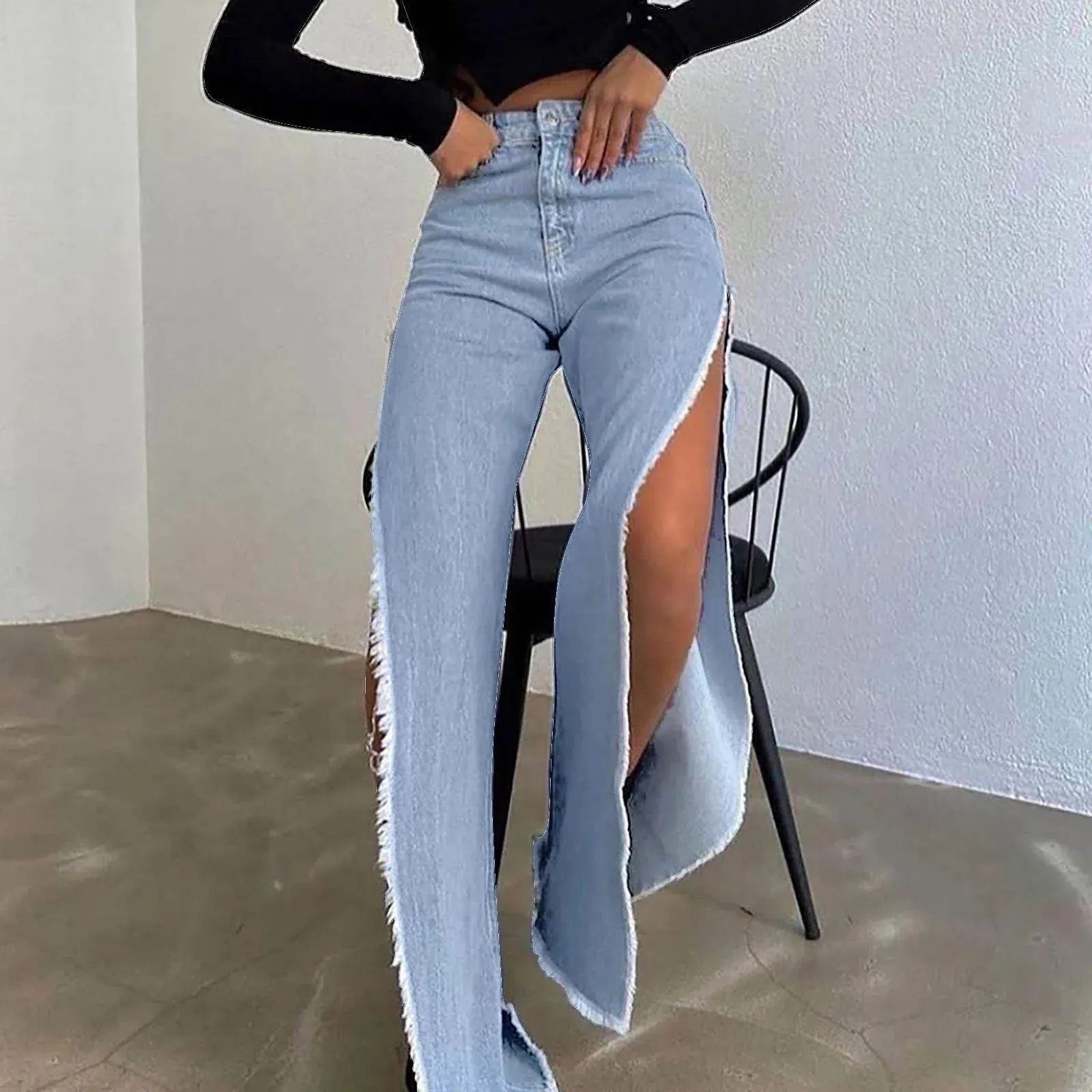 Hipster Wide-Leg Denim Jeans with Double Slit