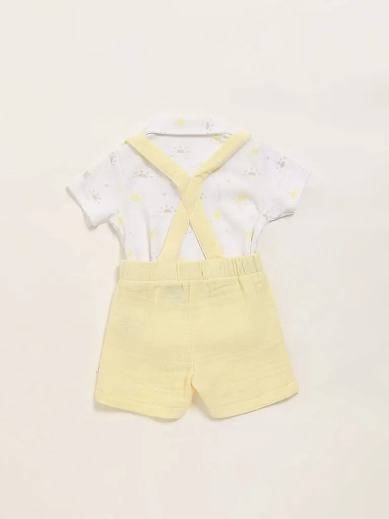 HOP Baby Printed White Shirt & Dungaree Set