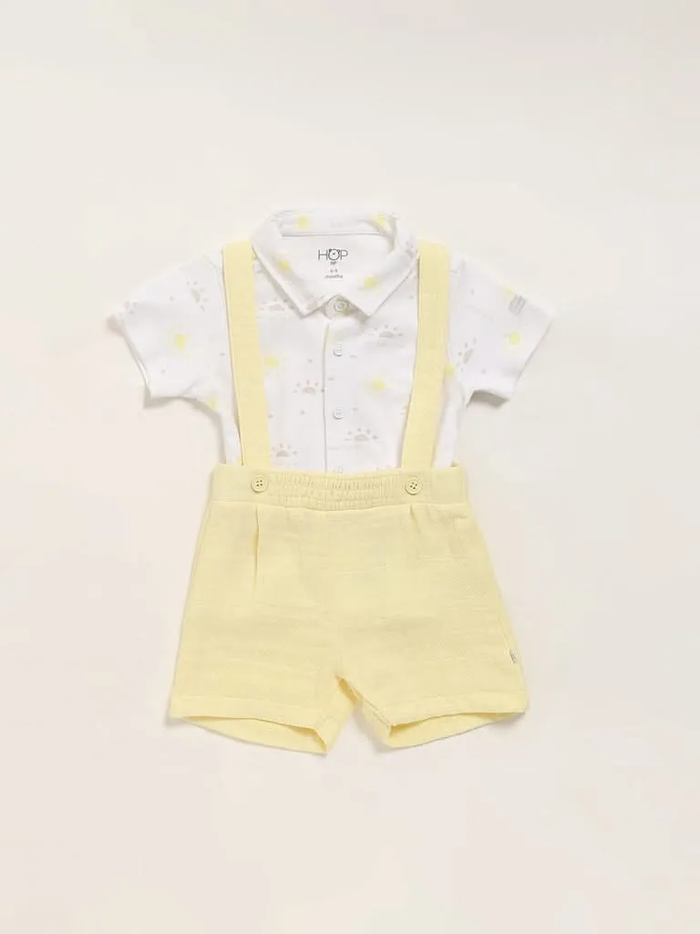 HOP Baby Printed White Shirt & Dungaree Set