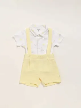 HOP Baby Printed White Shirt & Dungaree Set