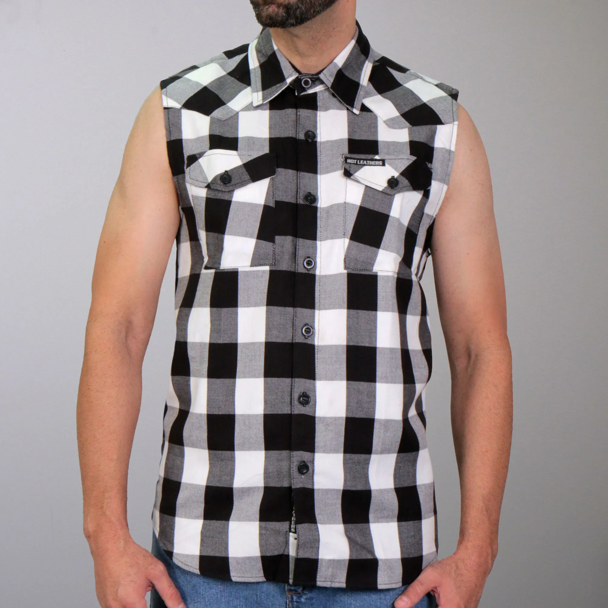 Hot Leathers GMS3490 Men’s Black and White Skull Sleeveless Flannel Shirt