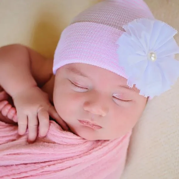 ilybean Isabella Pearl Flower Newborn Girl Hospital Hat - Pink & White Striped Hat