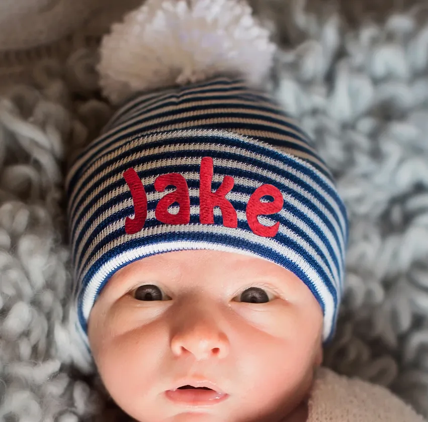 ilybean Navy and White Striped Nursery Beanie with White Pom Pom Newborn Boy Hospital Hat