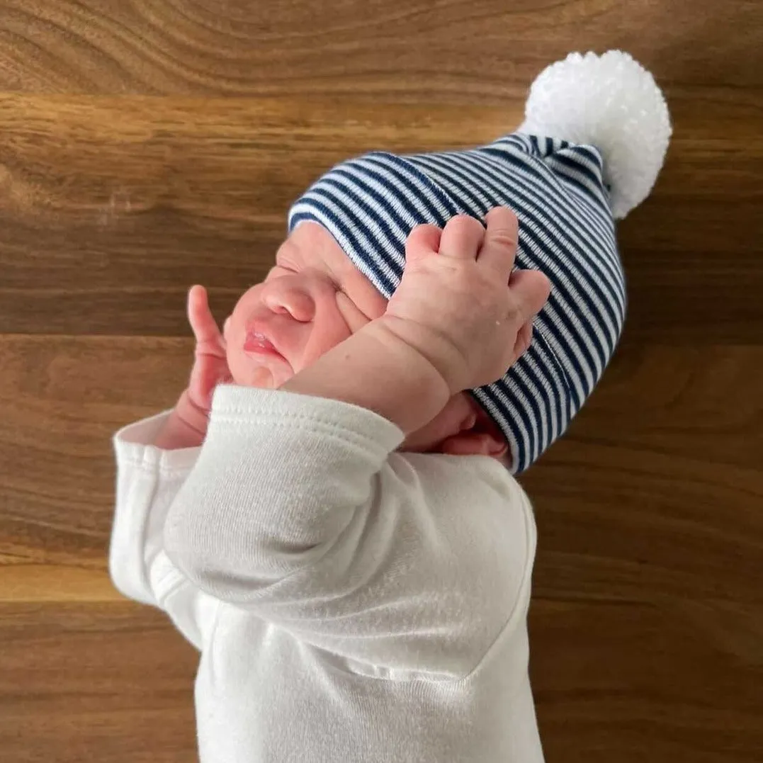 ilybean Navy and White Striped Nursery Beanie with White Pom Pom Newborn Boy Hospital Hat