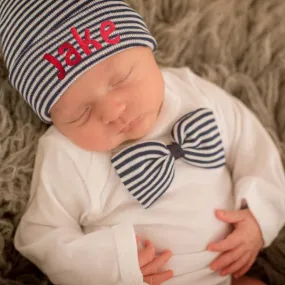 ilybean Personalized Navy and White Striped Bow Tie Onesie Set Newborn Boys