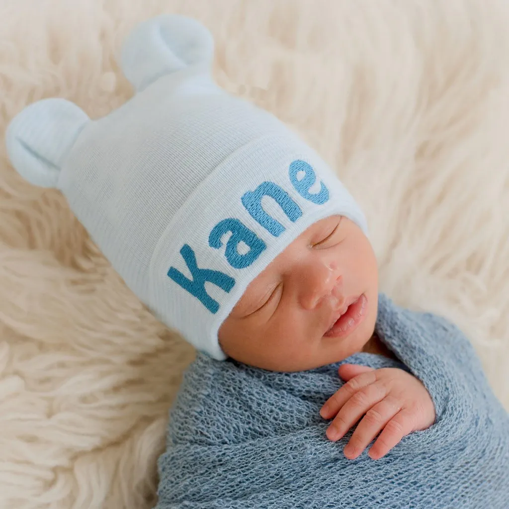 ilybean Personalized Striped Blue and White Baby Bear Newborn Hospital Hat