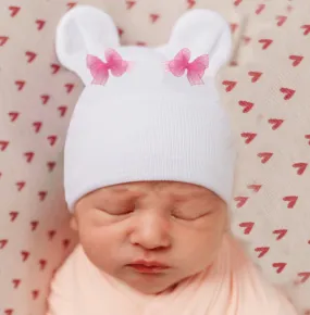 ilybean White Bear Ears with Tiny Pink Bows Newborn Girl Hospital Hat