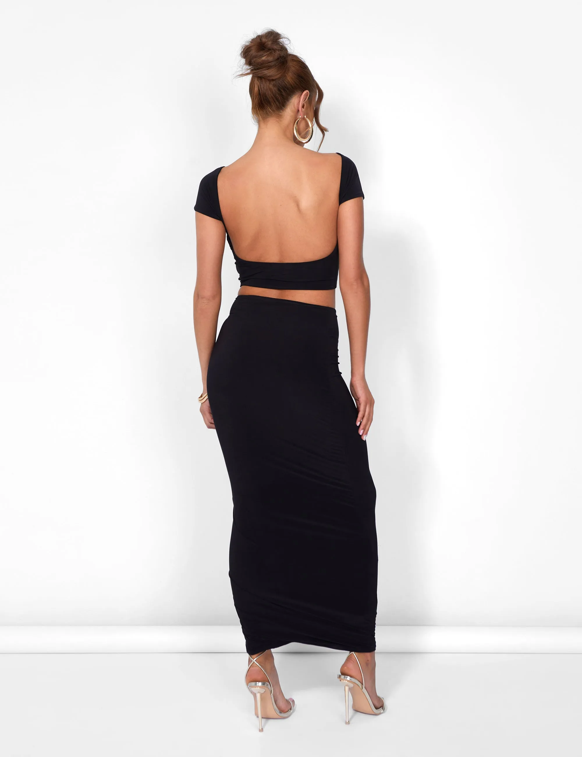 Kaiia Slinky Maxi Skirt Co-ord in Black