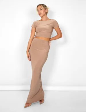 Kaiia Slinky Maxi Skirt Co-ord in Taupe