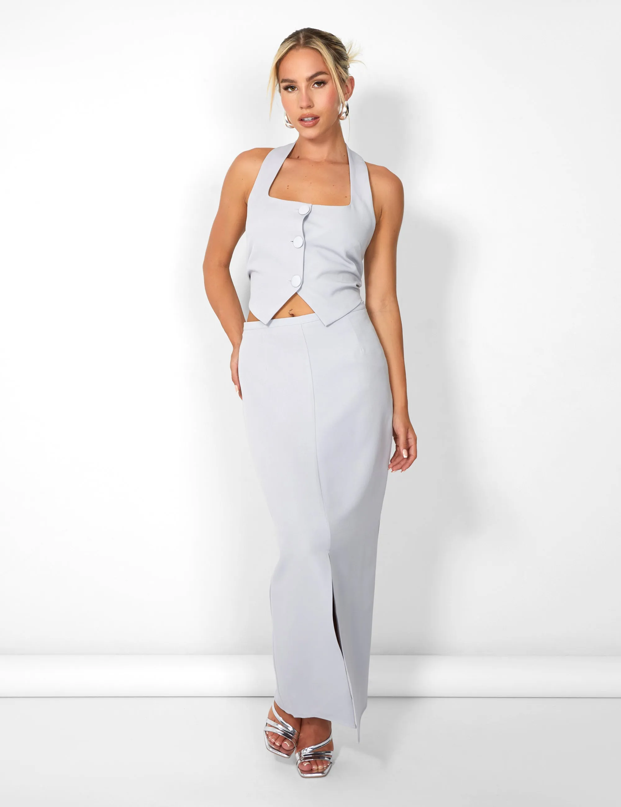 Kaiia Split Front Maxi Skirt Co-ord in Grey