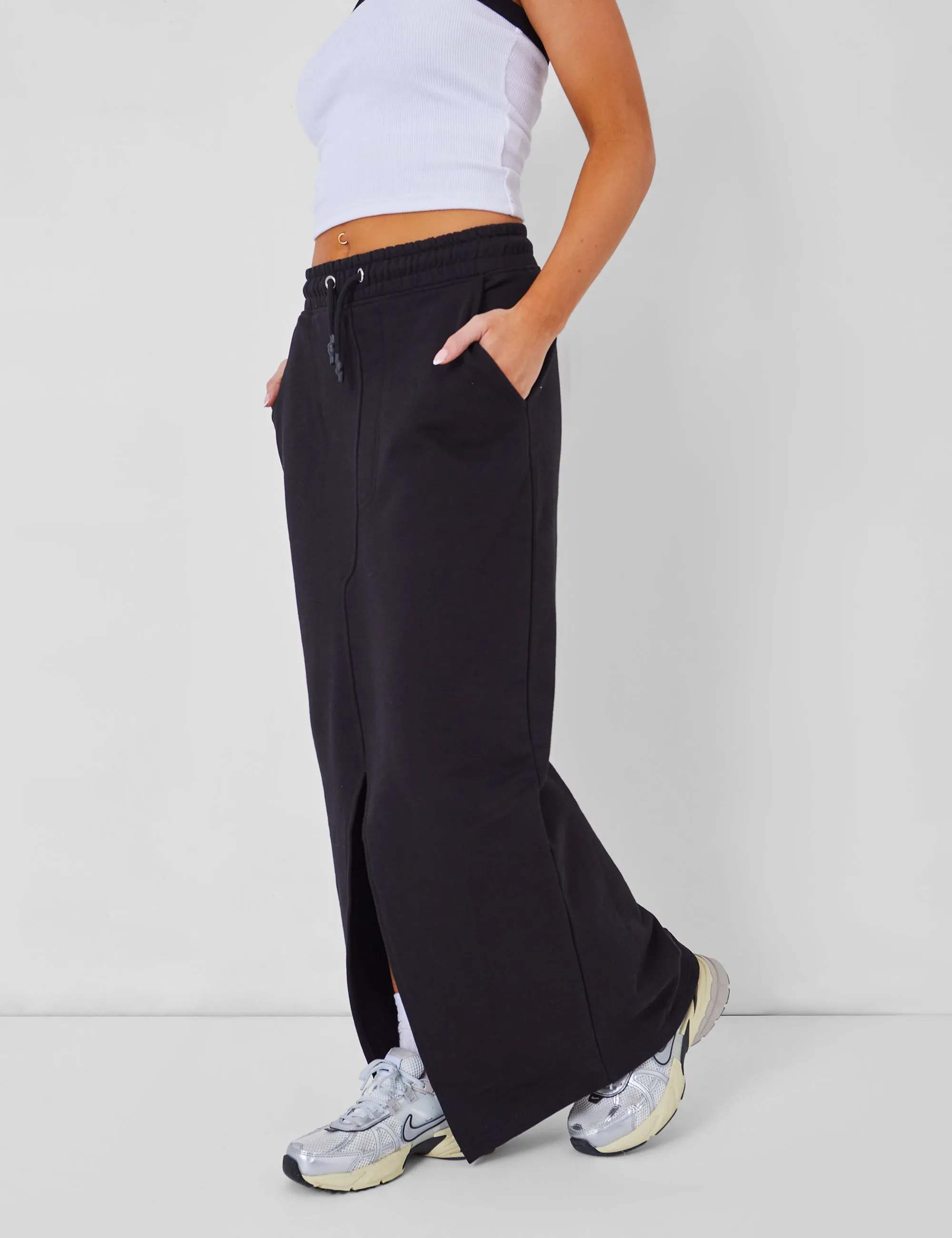 Kaiia Split Front Sweat Maxi Skirt in Black