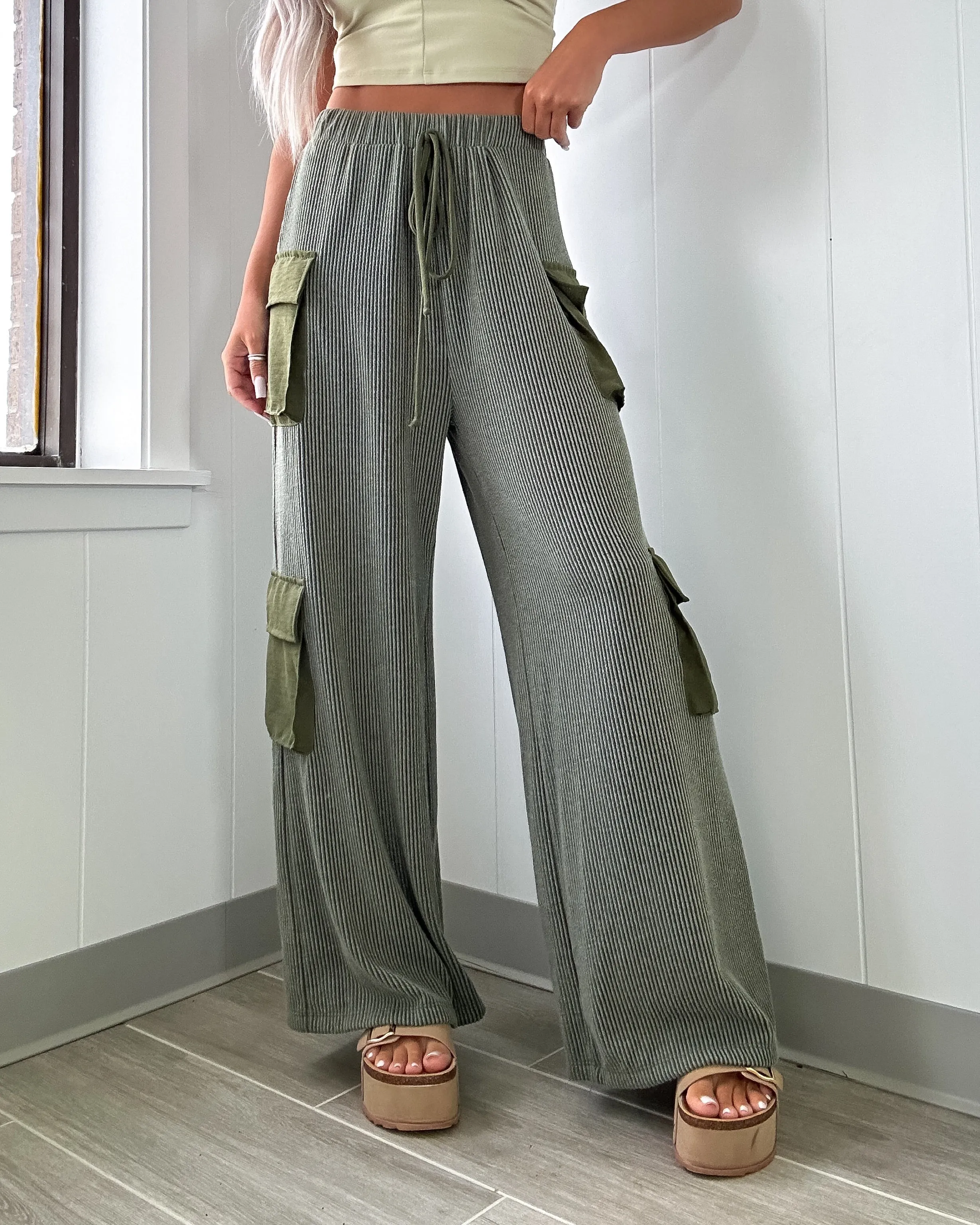 Kalani Cargo Ribbed Wide Leg Pants - Olive