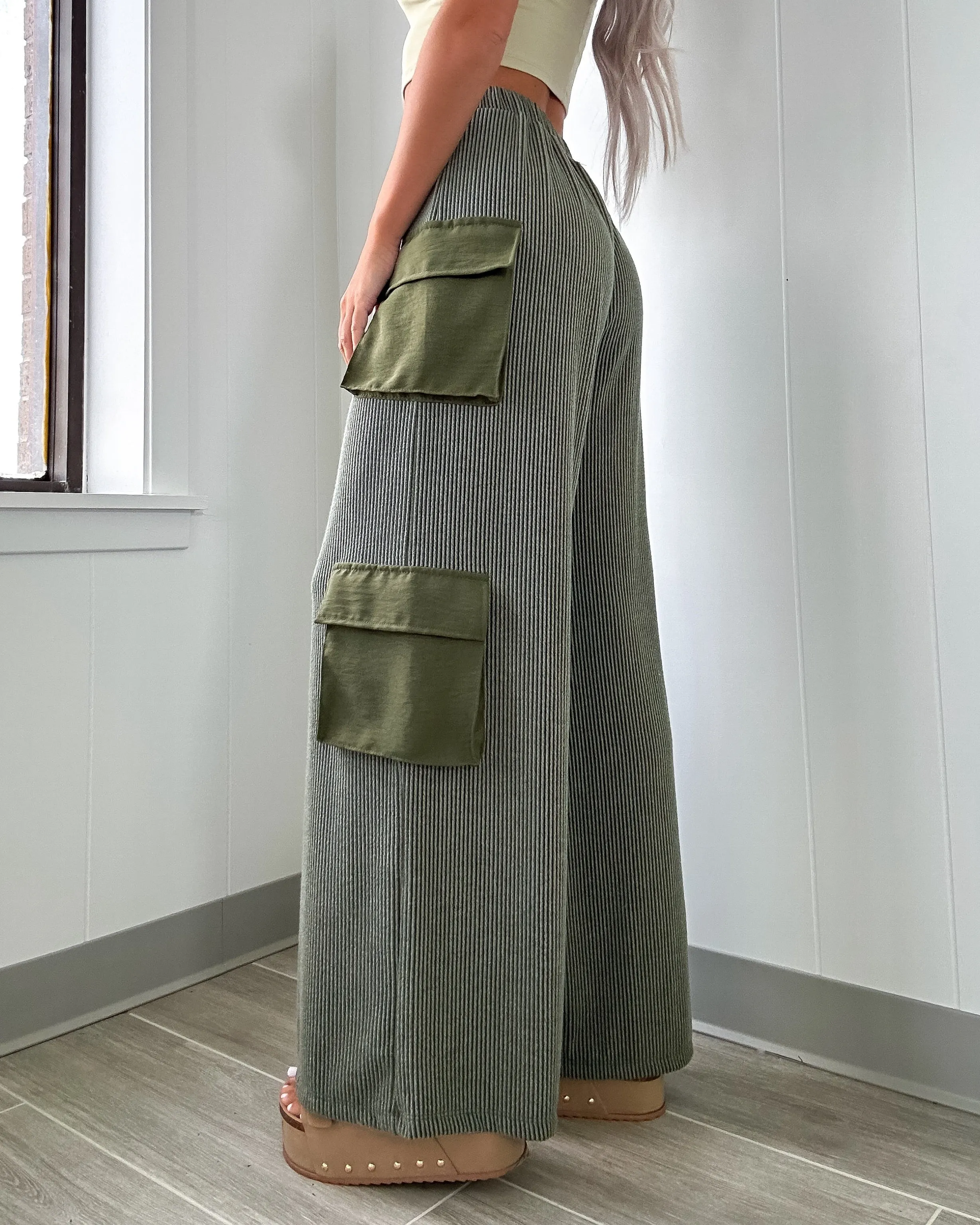 Kalani Cargo Ribbed Wide Leg Pants - Olive