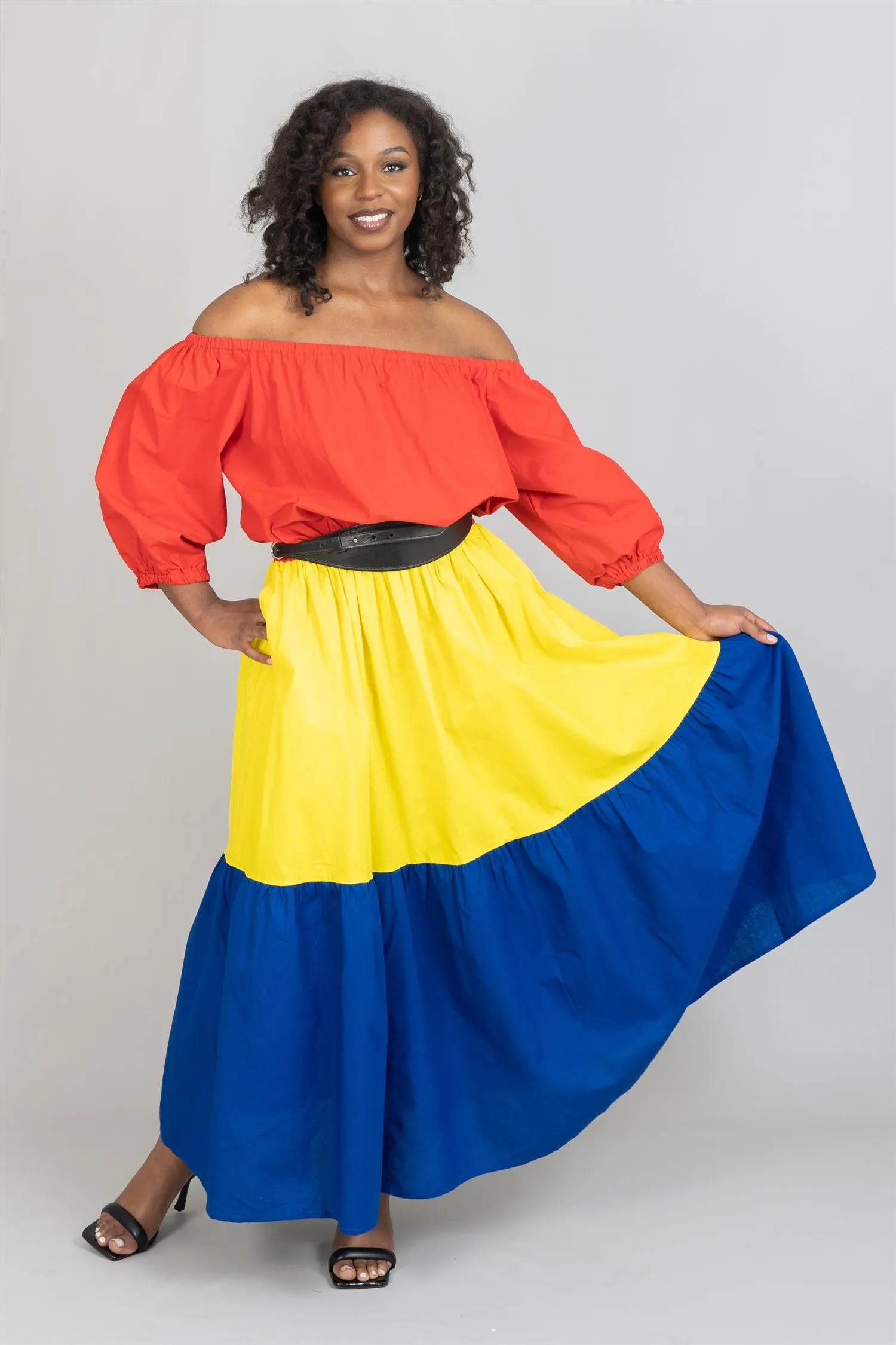 KaraChic 7710S Color-block Off-Shoulder Maxi Dress