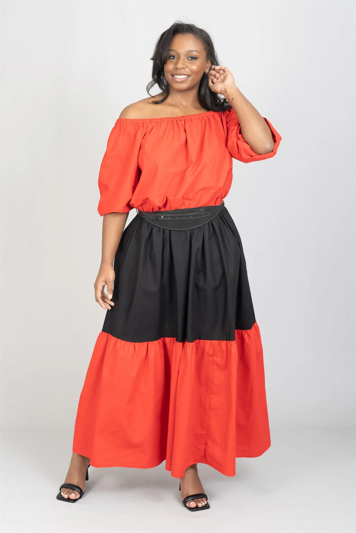 KaraChic 7710S Color-block Off-Shoulder Maxi Dress