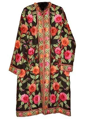 Kashmiri Woolen Coat Black, Multicolor Embroidery #AO-103