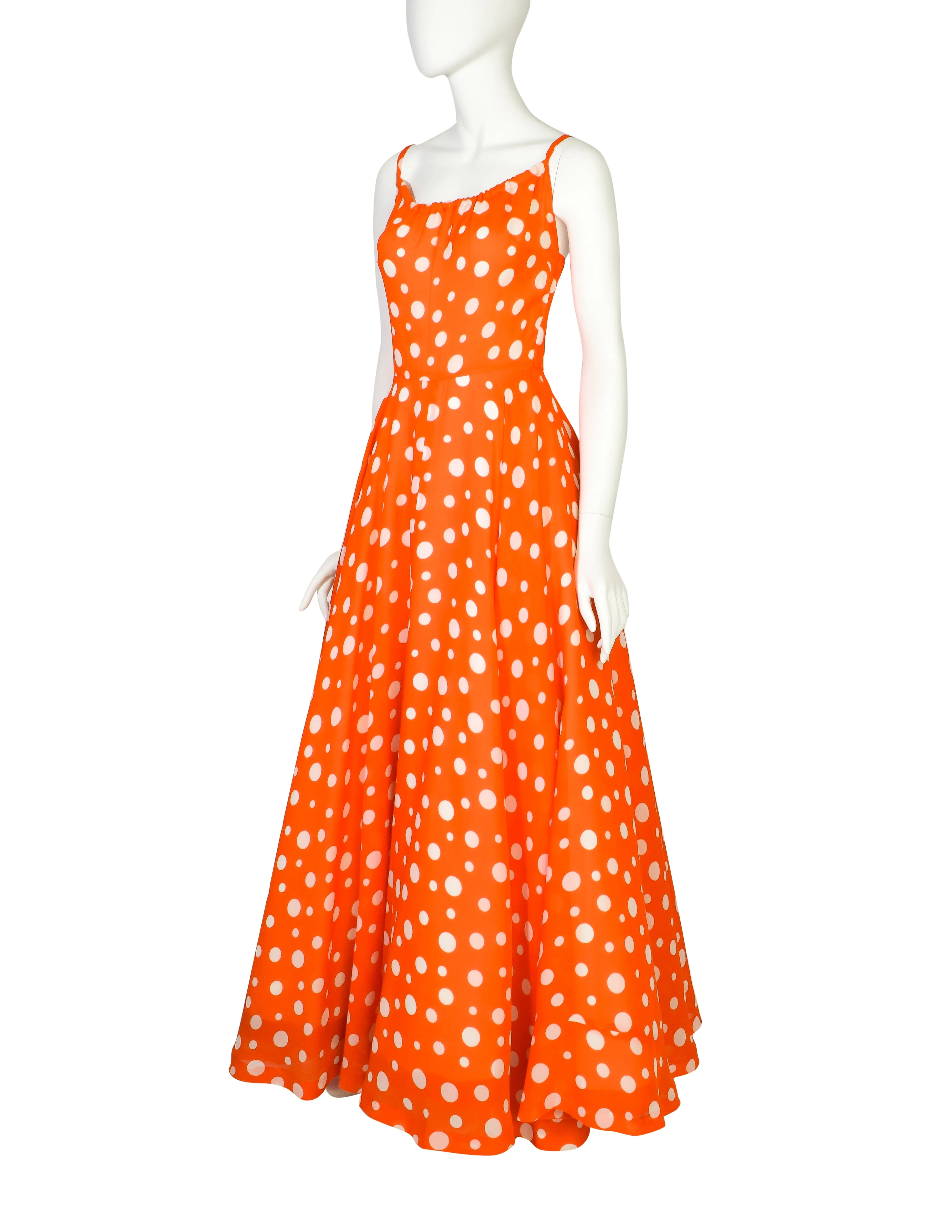 Lanvin Vintage 1973 Red White Polka Dot Chiffon Full Skirt Maxi Dress Gown