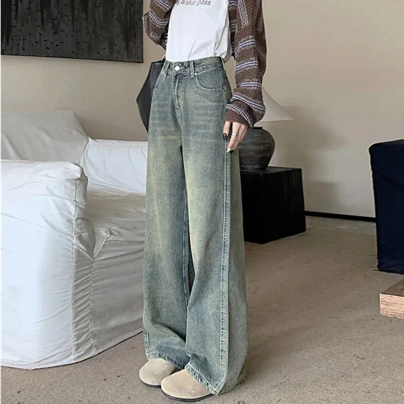 Large Size Nostalgia Wide Leg Jeans Women American High Waist Pear Loose Covered Meat Dragging Vintage Pants Jeans