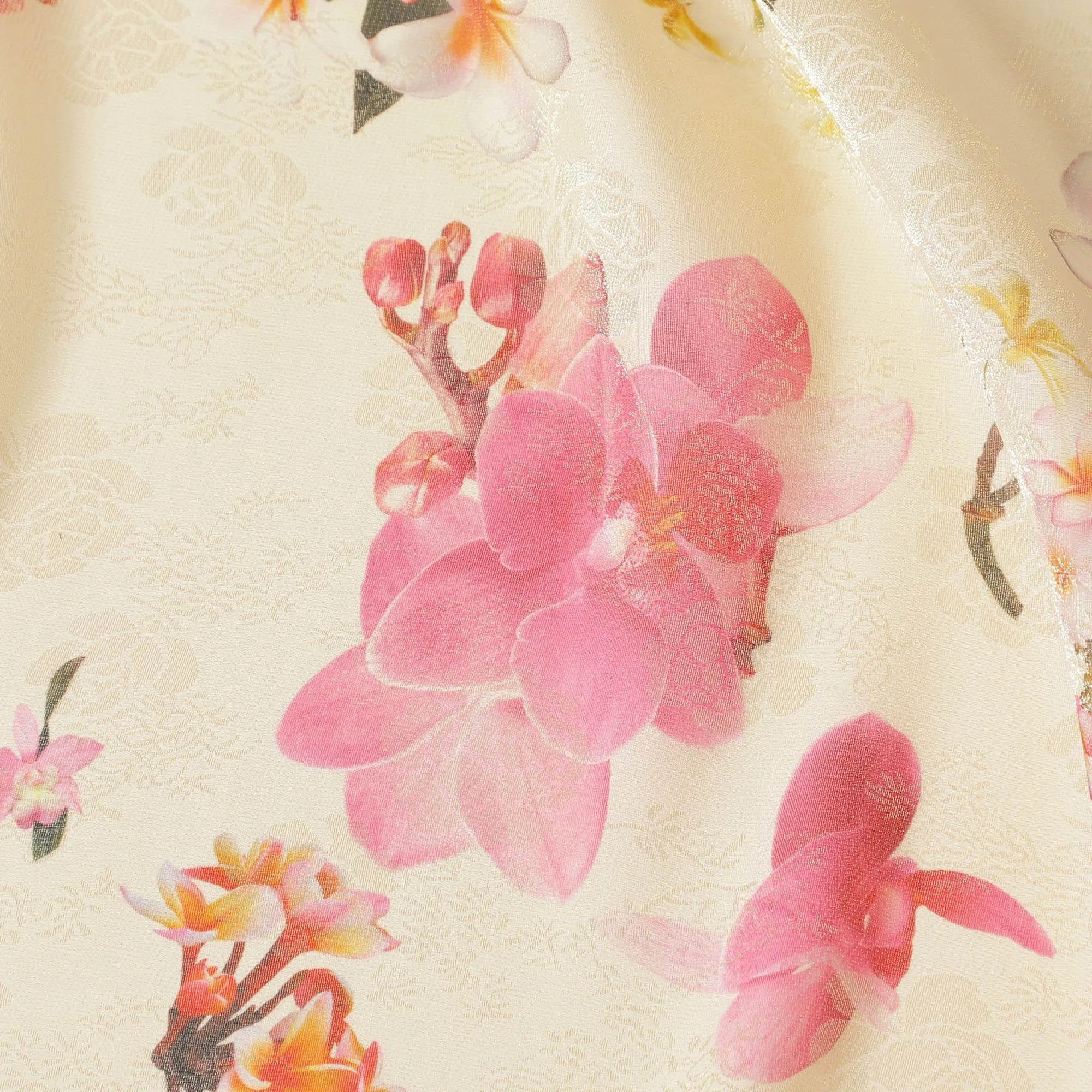 Latte beige silk chiffon fabric with multicolor print in floral design having organza finish-D6638