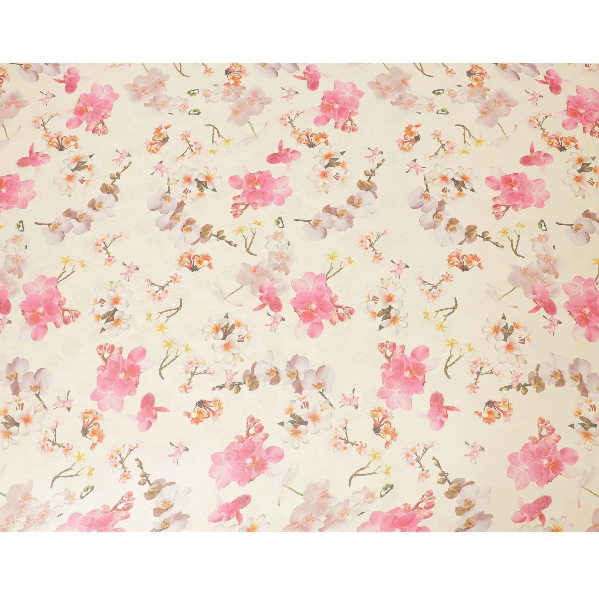 Latte beige silk chiffon fabric with multicolor print in floral design having organza finish-D6638