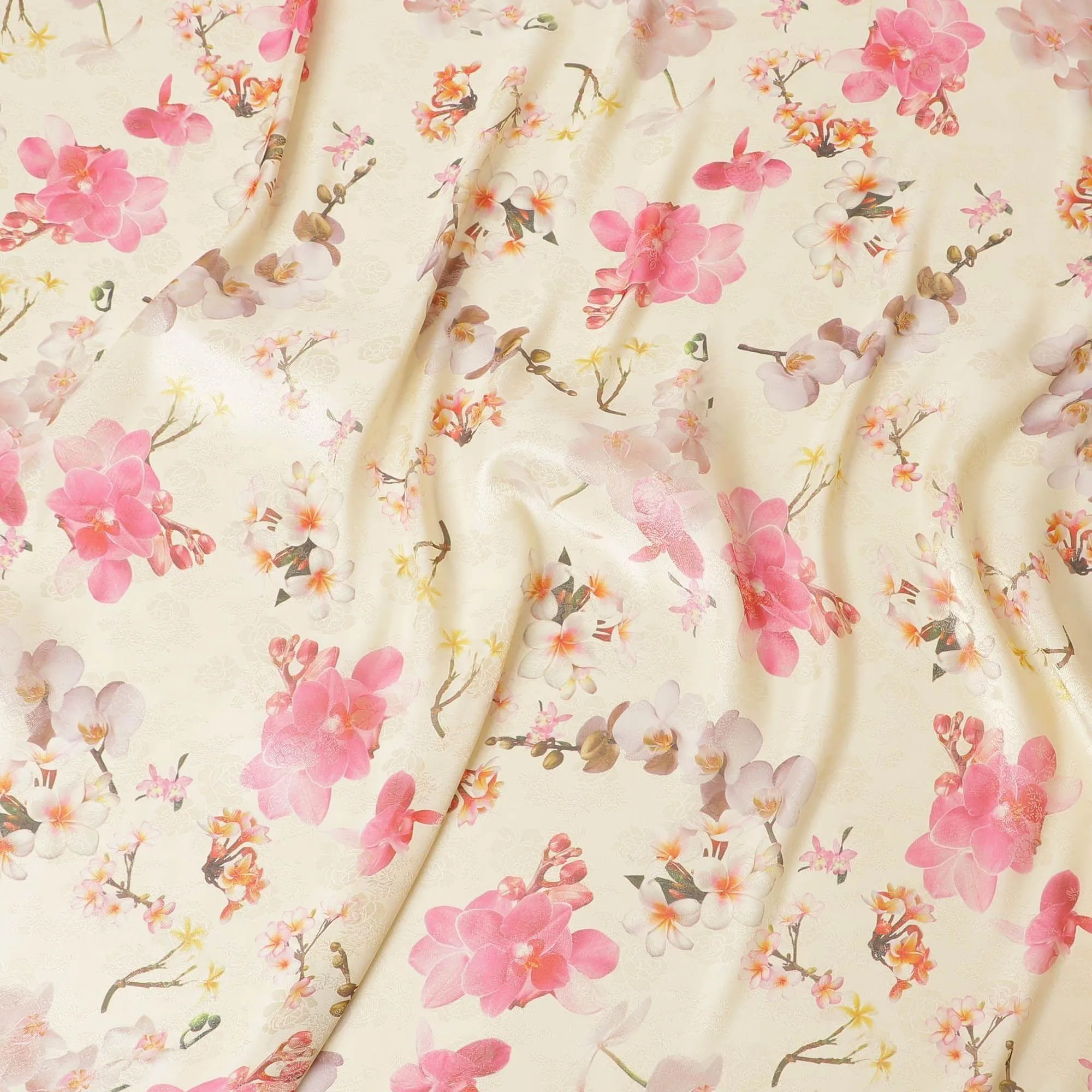 Latte beige silk chiffon fabric with multicolor print in floral design having organza finish-D6638