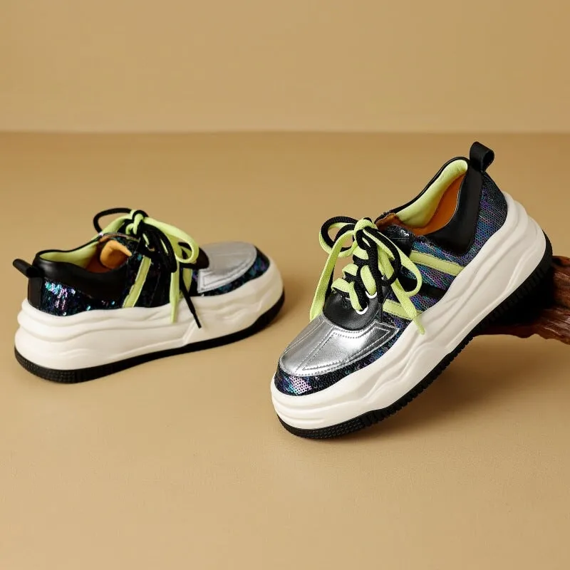 Leather and Mesh Platform Sneakers for Women in Sliver/Yellow