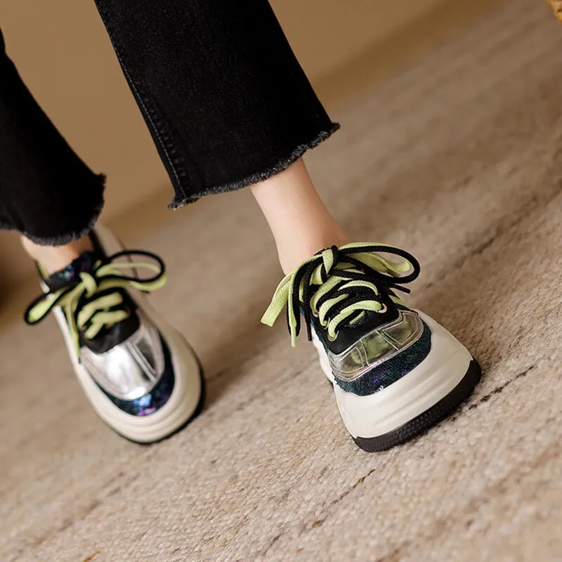 Leather and Mesh Platform Sneakers for Women in Sliver/Yellow