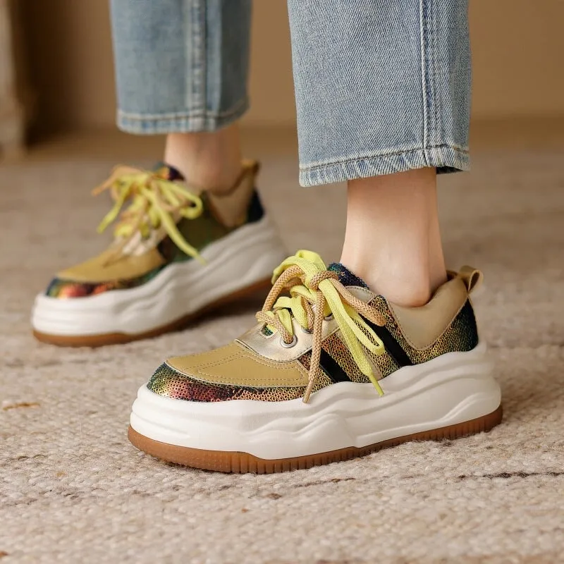 Leather and Mesh Platform Sneakers for Women in Sliver/Yellow