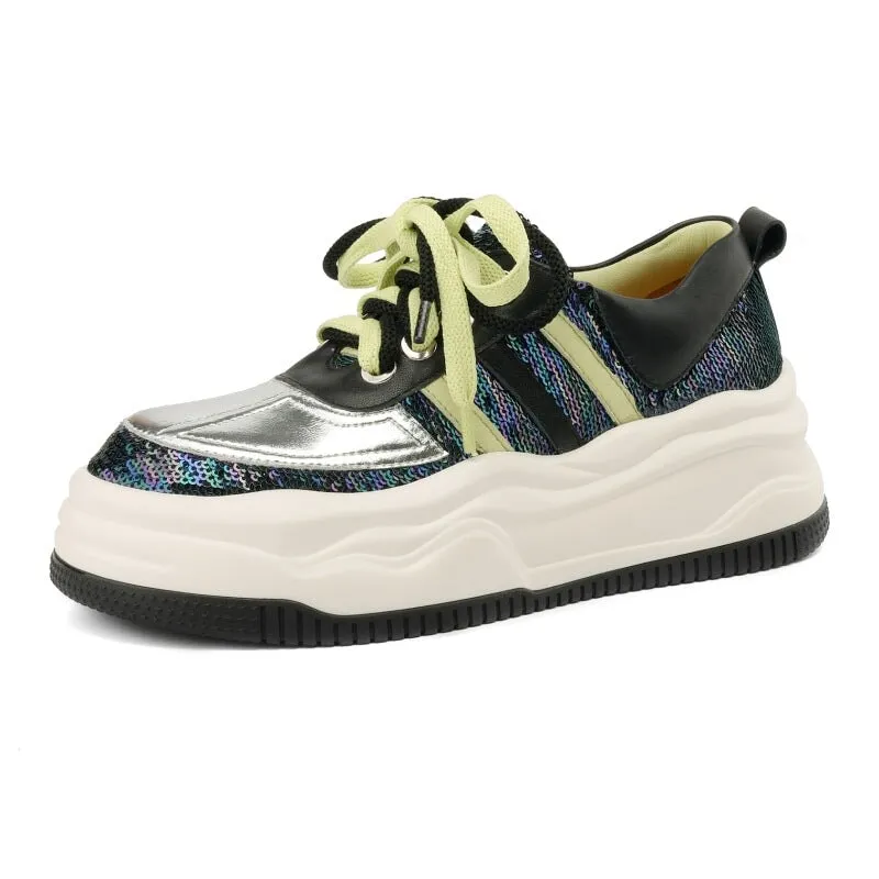 Leather and Mesh Platform Sneakers for Women in Sliver/Yellow