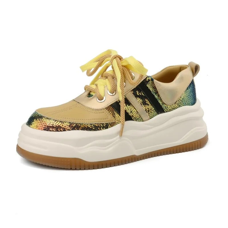 Leather and Mesh Platform Sneakers for Women in Sliver/Yellow