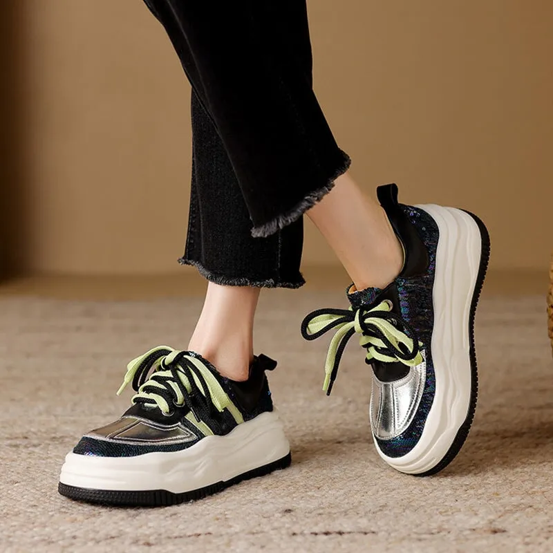 Leather and Mesh Platform Sneakers for Women in Sliver/Yellow