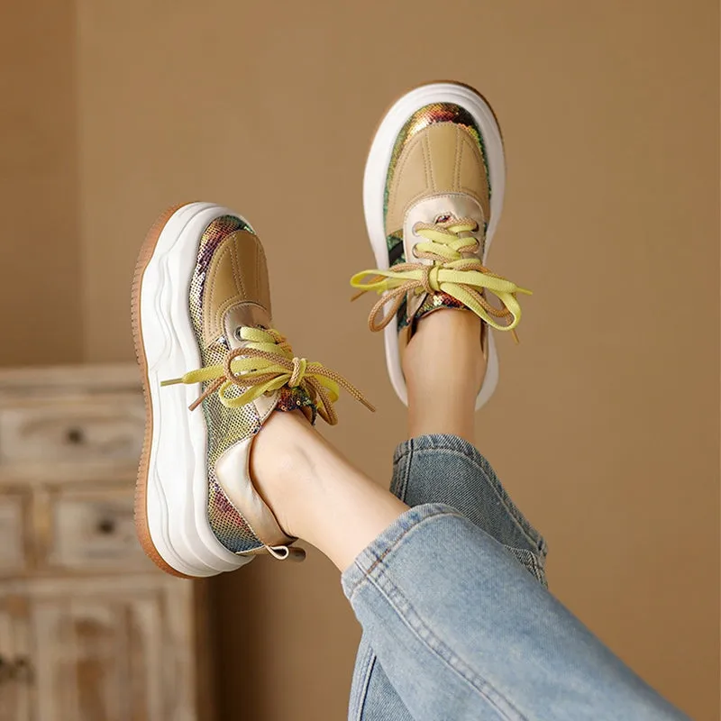 Leather and Mesh Platform Sneakers for Women in Sliver/Yellow