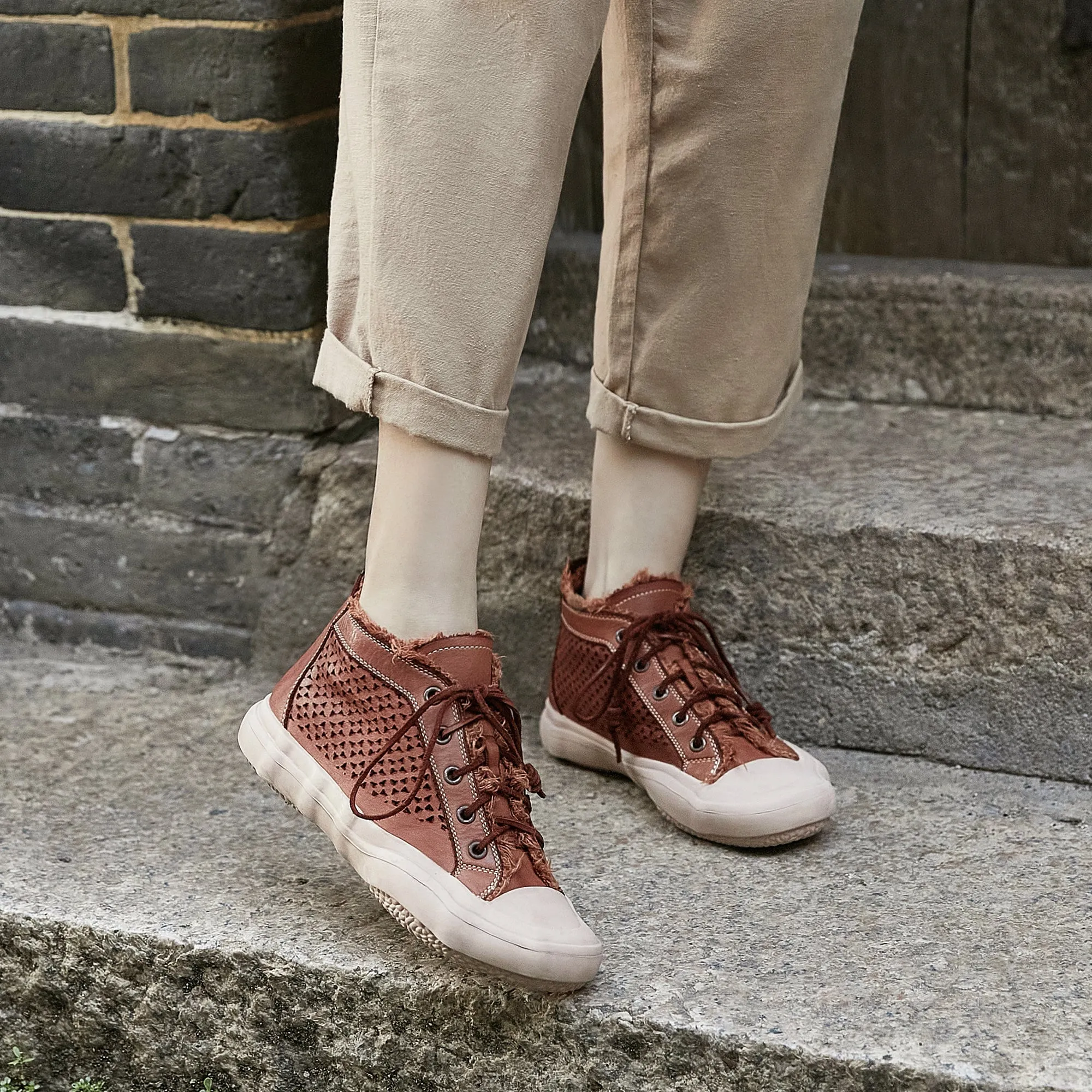 Leather Flatform High-top Perforated Sneakers for Women Fringed Detail in Apricot/Coffee