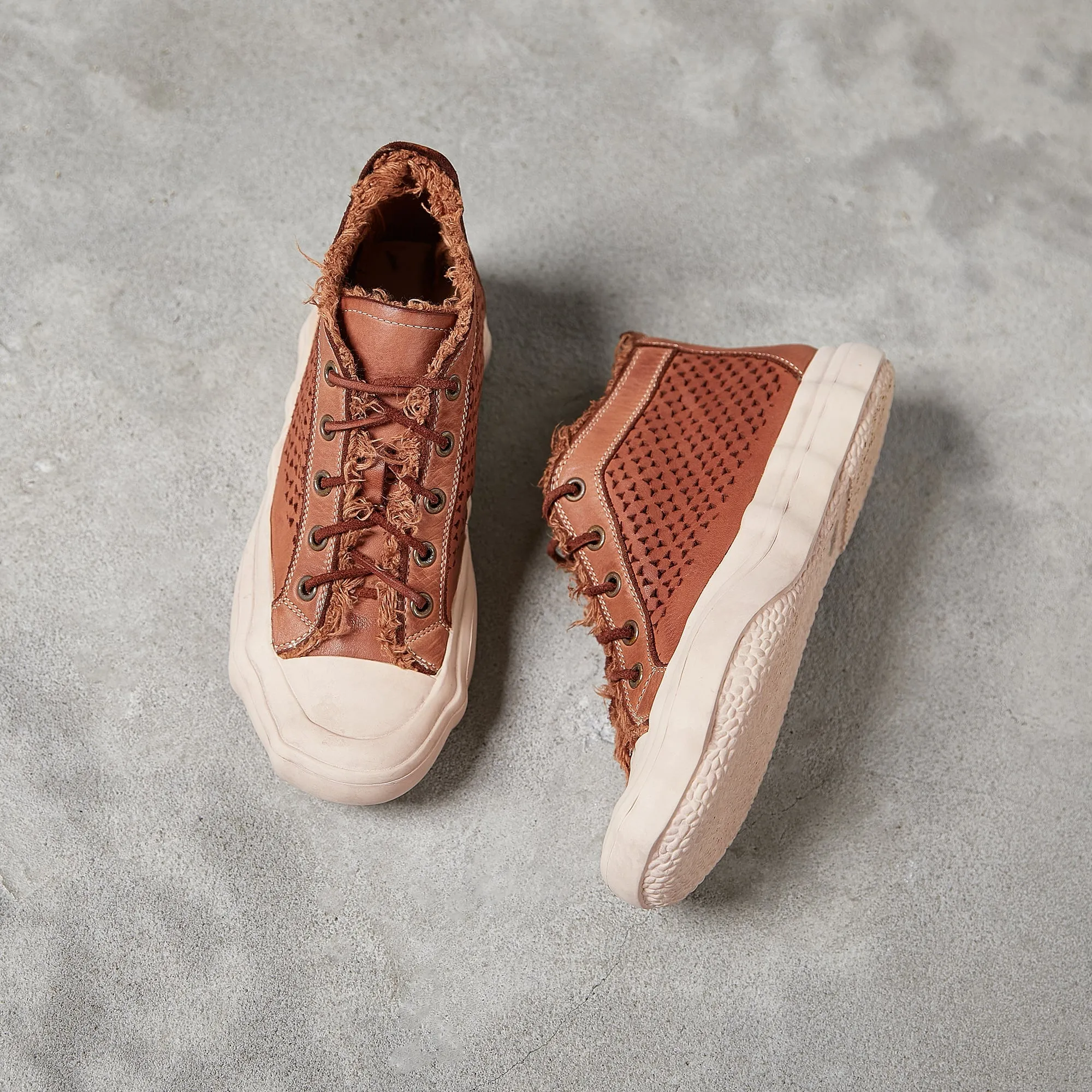 Leather Flatform High-top Perforated Sneakers for Women Fringed Detail in Apricot/Coffee