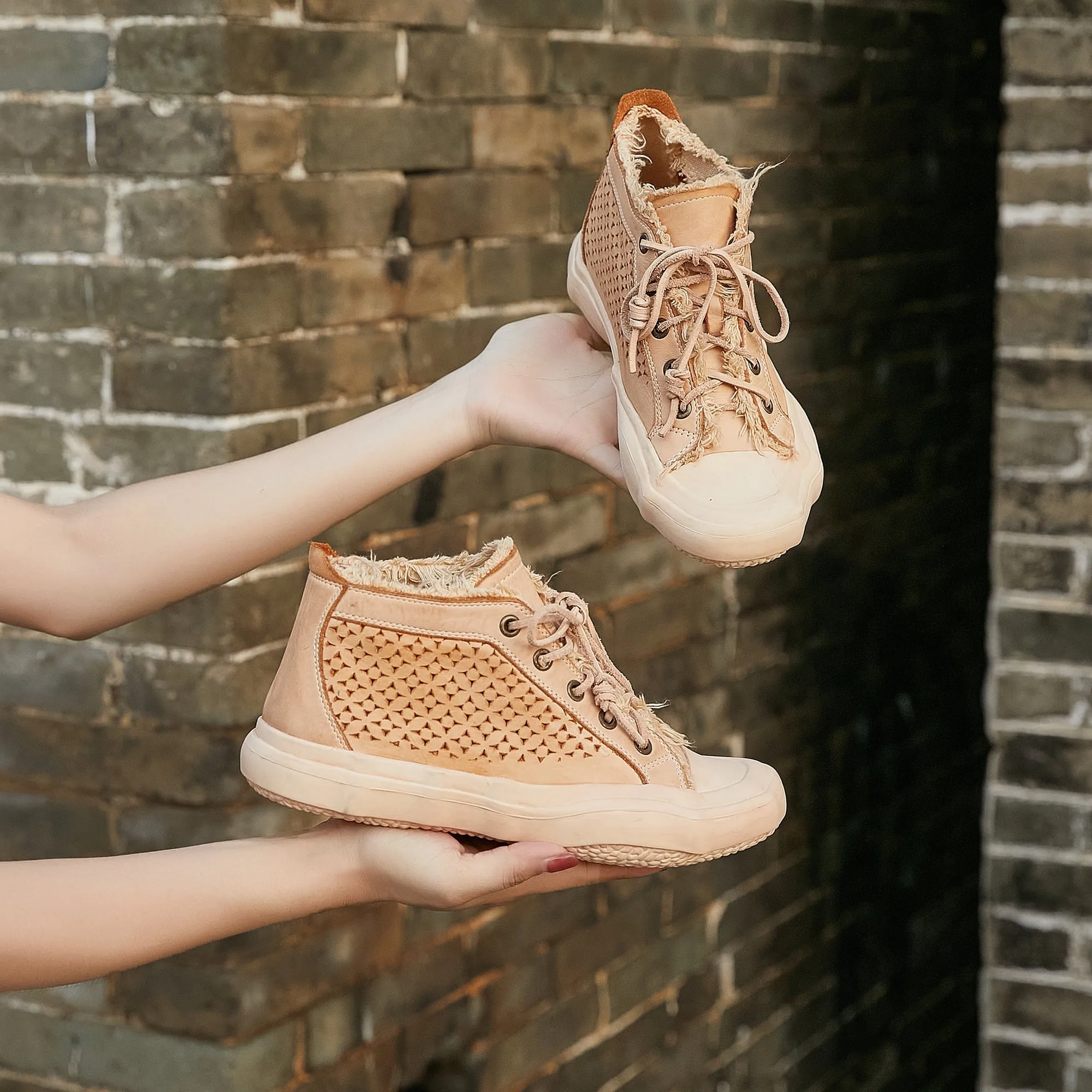 Leather Flatform High-top Perforated Sneakers for Women Fringed Detail in Apricot/Coffee