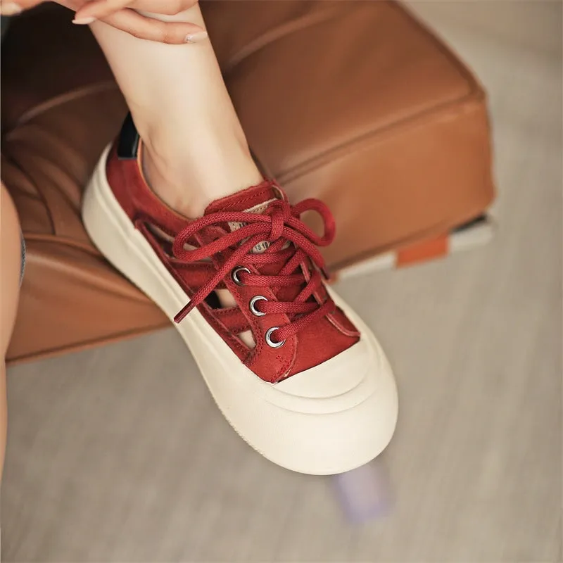 Leather Perforated Platform Sneakers for Women Low-top Lace Up in Yellow/Red