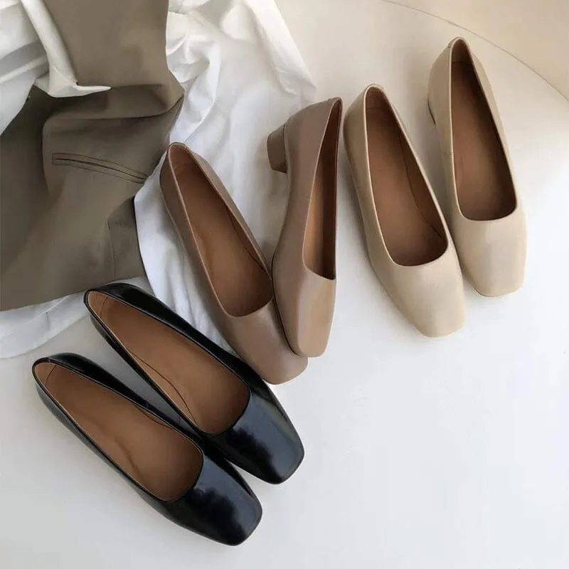 Leather Square Toe Block Heeled Slip-On Pumps Office Shoes in Beige/Black/Khaki