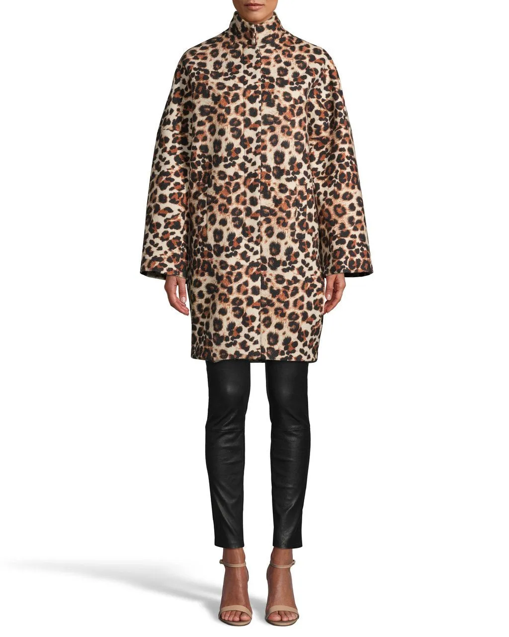 Leopard Print Wool Cocoon Coat In Brown Multi