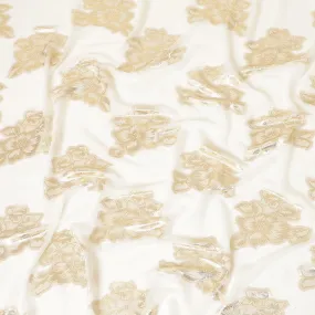 Light beige synthetic chiffon fabric gold metallic lurex in floral design-D8958