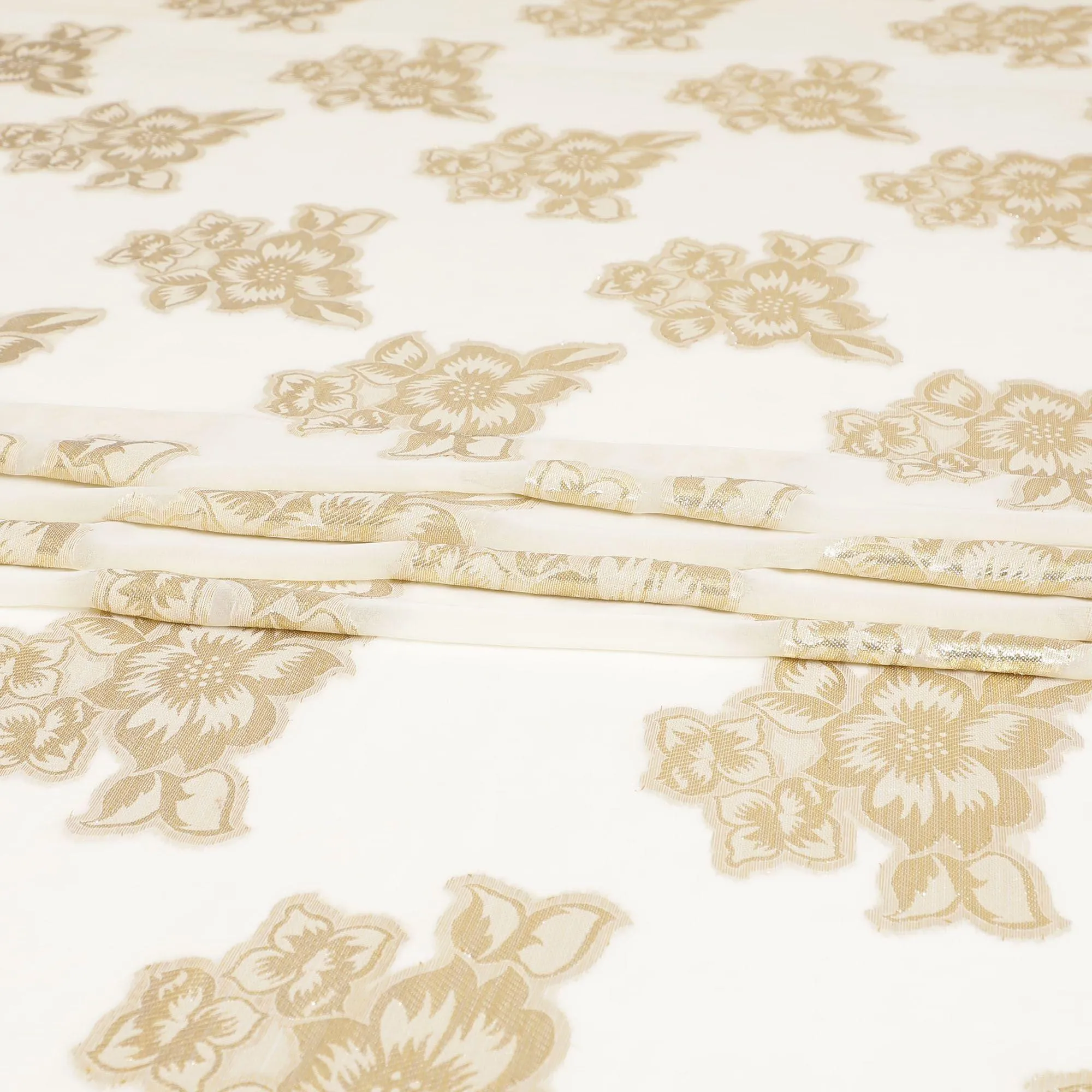 Light beige synthetic chiffon fabric gold metallic lurex in floral design-D8958