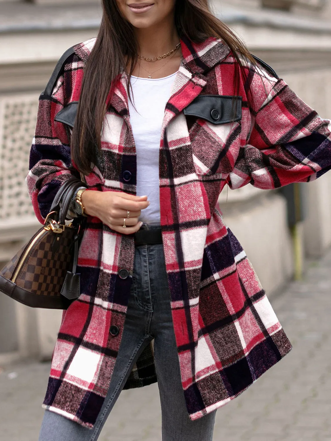 MeiMei Pocketed Plaid Button Up Dropped Shoulder Shacket