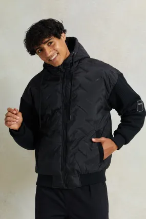 Men Black Tech Puffer Jacket With Knitted Sleeves