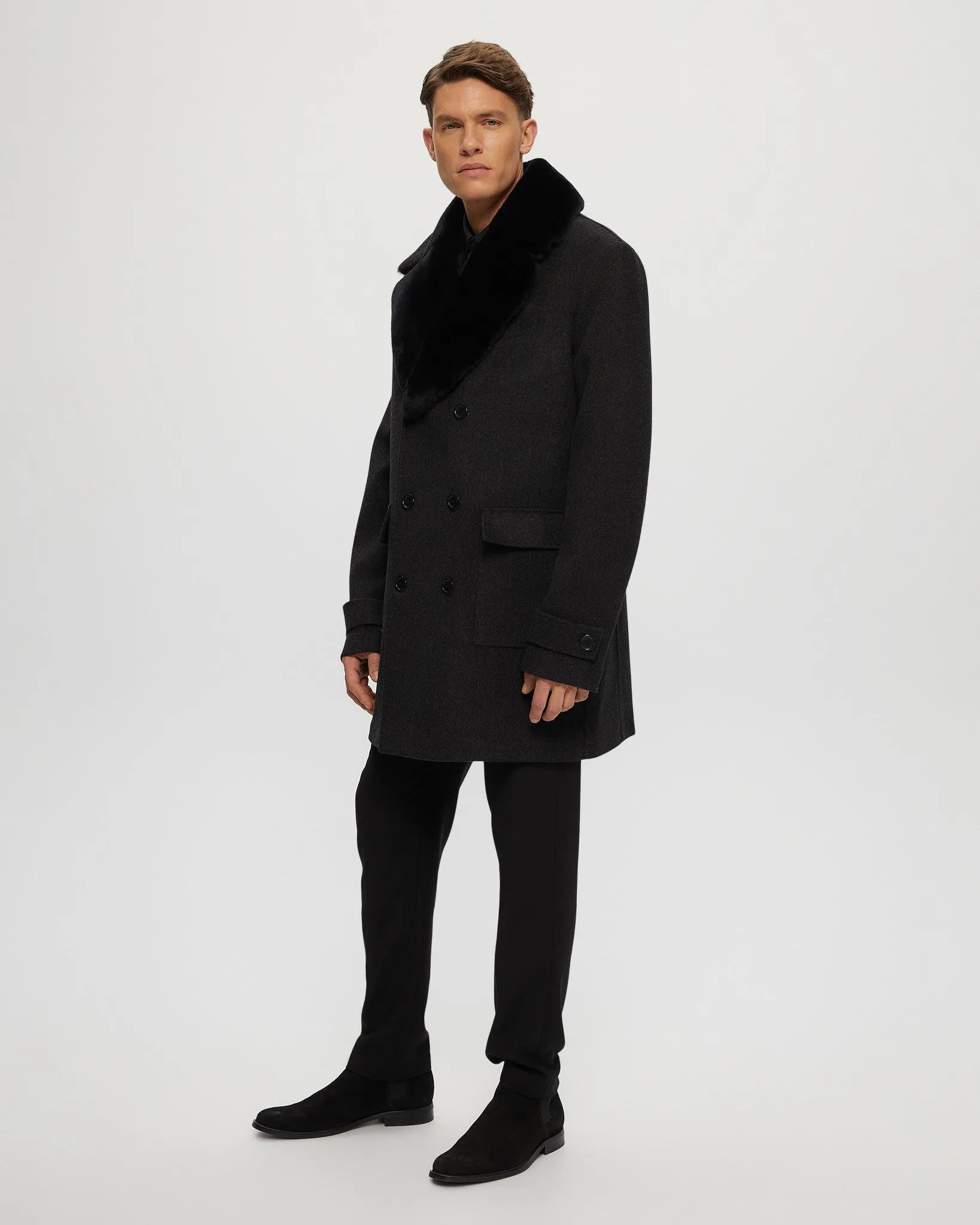 Men's Loro Piana Wool Coat with Detachable Merino Shearling Lamb Collar