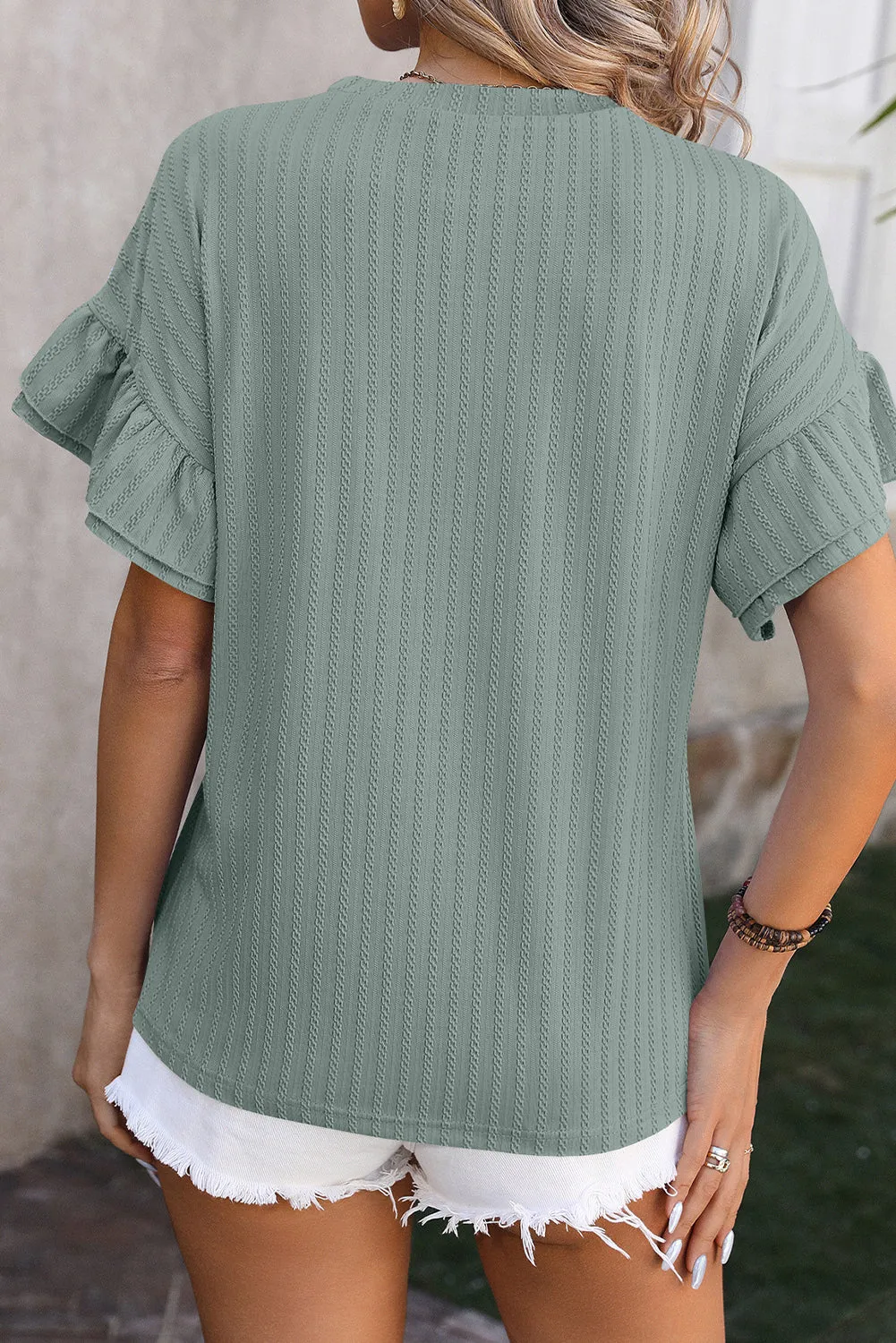 Mist Green Plain Textured Layered Ruffle Sleeve T-Shirt – A Subtle Showstopper