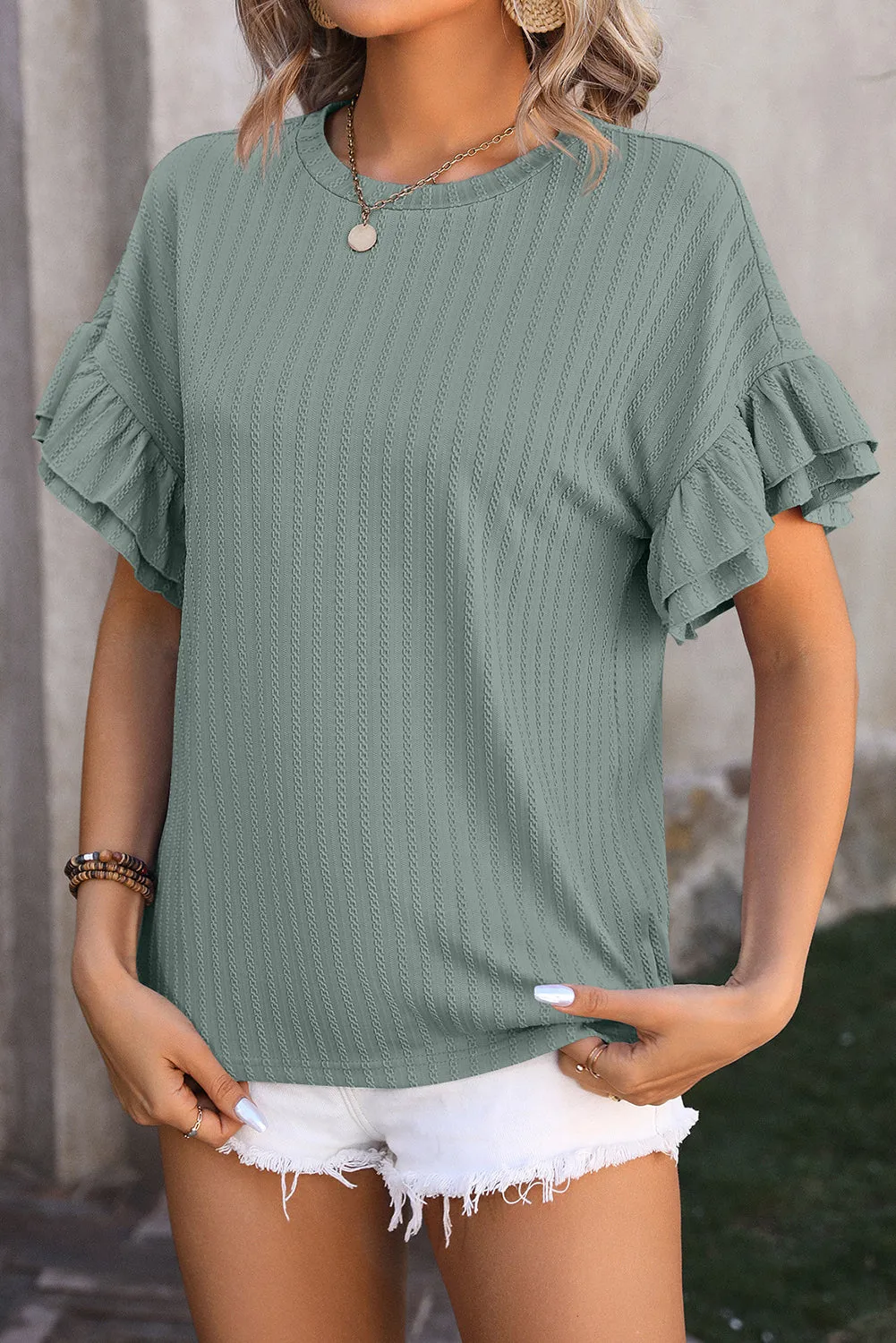 Mist Green Plain Textured Layered Ruffle Sleeve T-Shirt – A Subtle Showstopper