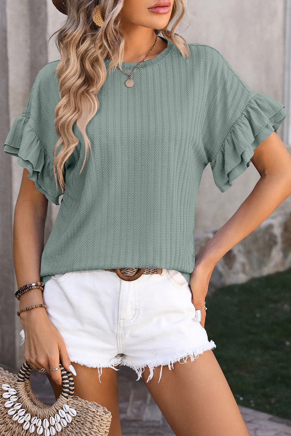 Mist Green Plain Textured Layered Ruffle Sleeve T-Shirt – A Subtle Showstopper